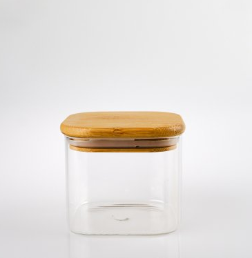 370ml Tall Square Clear Glass Jar with Bamboo and Silicon Lid